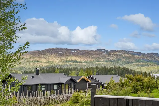 Fin beliggenhet høyt i terrenget med uthus og gode uteområde