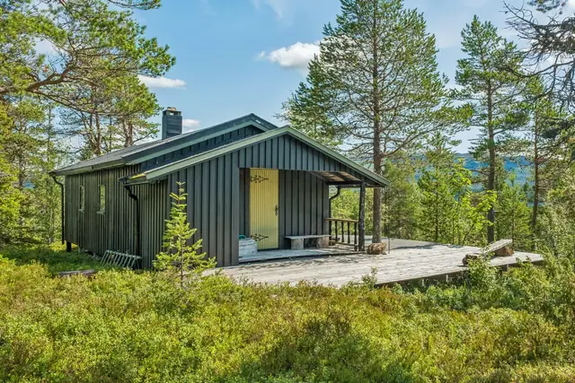 Tomtvatnet er en liten gåtur fra hytten. Her er det fint å ut med båt, fiske eller ta seg en svømmetur.