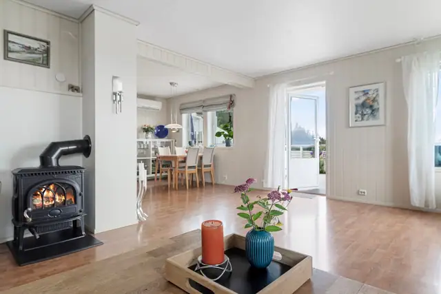 Vedfyring i tillegg til varmepumpe og elektrisk oppvarming.
