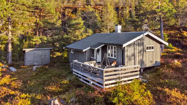Koselig hytte med fin beliggenhet på en høyde. Flott utsikt & gode solforhold. Ca 10 min gange fra parkering.