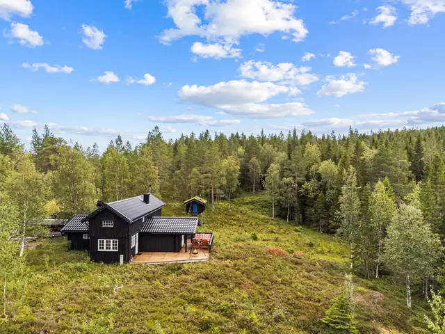 Velholdt & fin fritidseiendom m/3 bygninger. Hytte, tilbygd og renovert i 2006 m/loft 35kvm. Badstue 5 kvm. Uthus 13kvm.