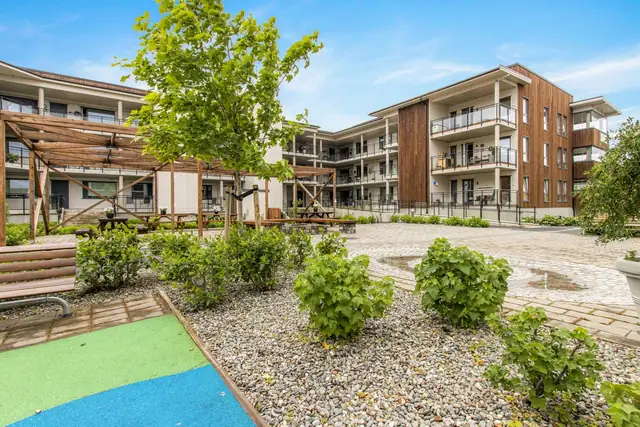 Pent opparbeidet uteområde / hage - et naturlig samlingspunkt for beboerne i Kroken Hage.