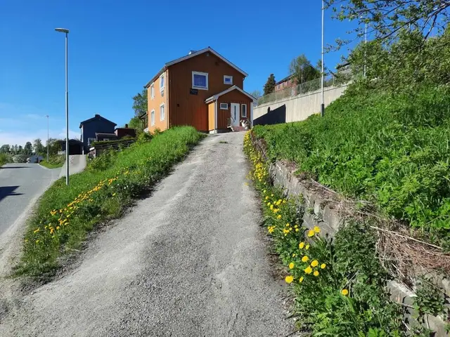 Oppkjørsel og inngangsparti. (Bilde tatt av selger)